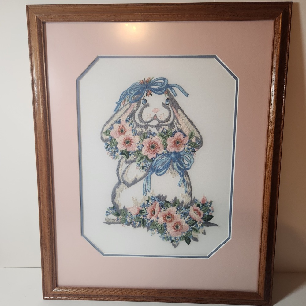 Vintage Framed‎ Bunny Rabbit Needlepoint Embroidery Art Cottagecore grandmacore